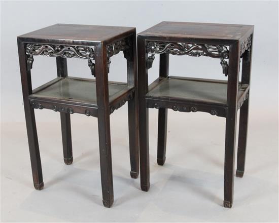 A pair of Chinese hongmu rectangular two tier tables, late 19th century, 1ft 5.5in. x 1ft 1in. H.2ft 7in.